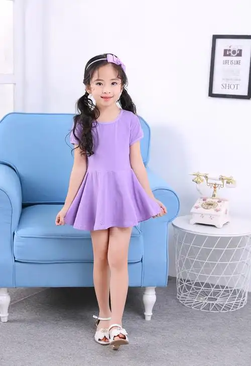 suntek女童夏装纯色新款连衣裙韩版中小儿童洋气短袖露背公主沙滩裙子