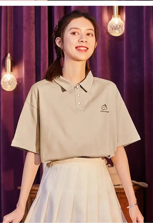 lion polo衫女polo衫短袖宽松左胸绣花短袖polo女运动polo衫 雾霾粉 s