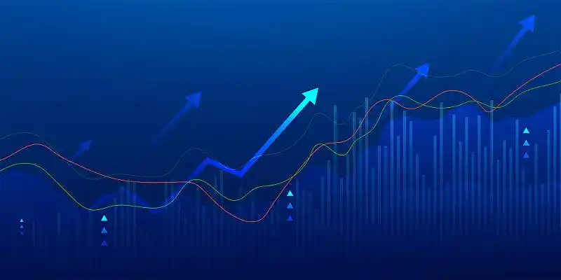 发展趋势蓝色渐变科技感柱形图箭头展板背景