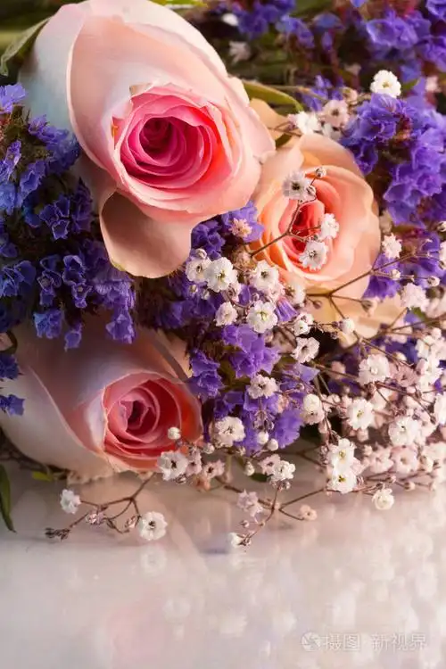 粉红色玫瑰花束,在反光的表面上有婴儿气息