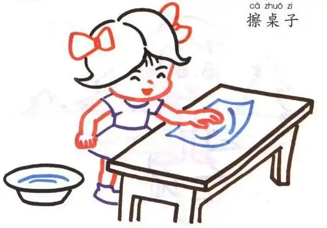 儿童学画人物擦桌子的小女孩