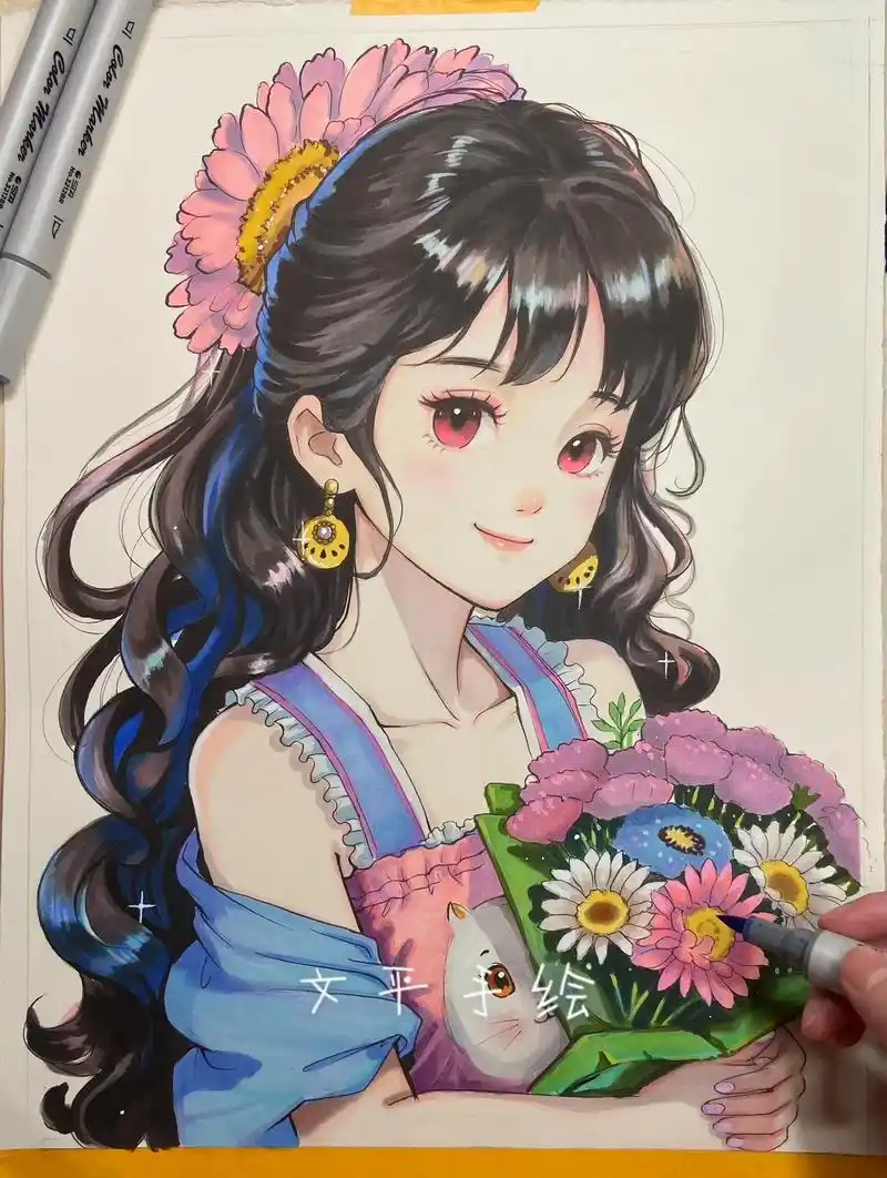手绘动漫马克笔上色步骤分享.马克笔捧花女孩 临摹转发可@文平 - 抖音