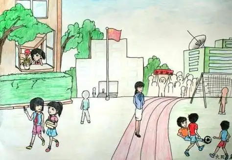 校园生活彩色简笔画校园简笔画图片大全校园的画法步骤快乐的校园简单