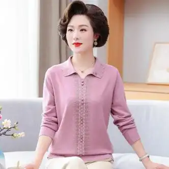 洋气毛衣50岁60中年女针织翻领上衣服中老年人春粉色xl建议90105斤