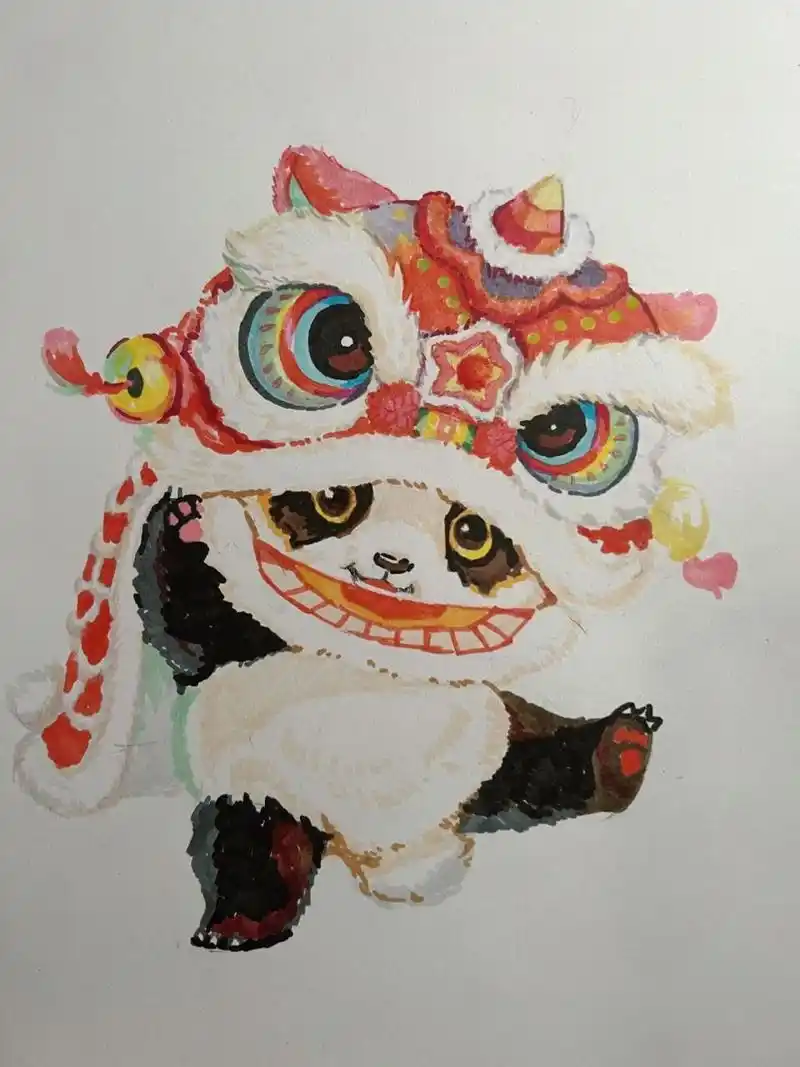 醒狮 舞狮小熊猫马克笔手绘 马克笔画很简单很可爱  原图来自大佬雪娃
