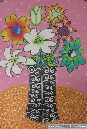 儿童水粉画作品: 花瓶 和花