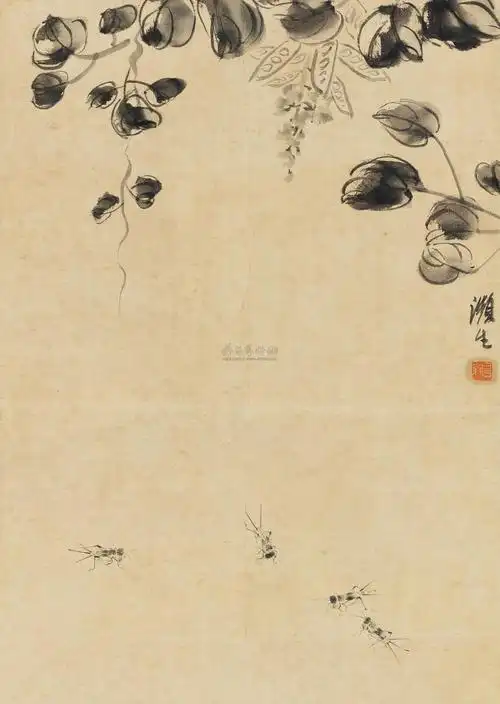 0102豆荚秋虫立轴水墨纸本