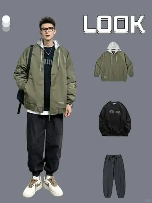 新款男生日常通勤穿搭宽松加绒加厚设计感休闲立领连帽棉服冬季