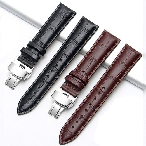 艾曼宁牛皮表带男防水蝴蝶扣配件手表带真皮女皮表带通用表带黑色白线