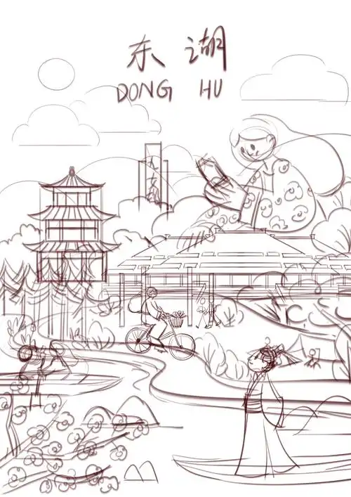 武汉东湖扁平风插画