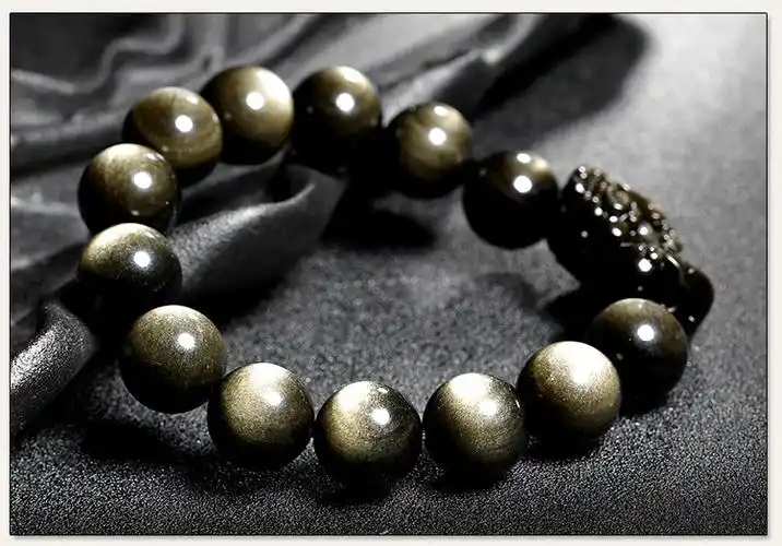 石玥珠宝 14mm金沙黑曜石手链貔貅金曜石手串 黑色