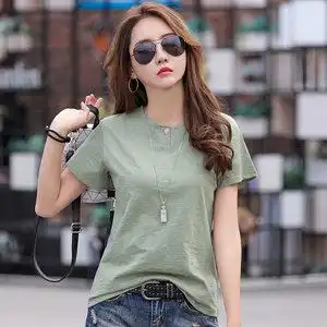 小立领t恤女短袖夏季时尚纯棉修身韩版竹节棉上衣显瘦浅绿色小衫