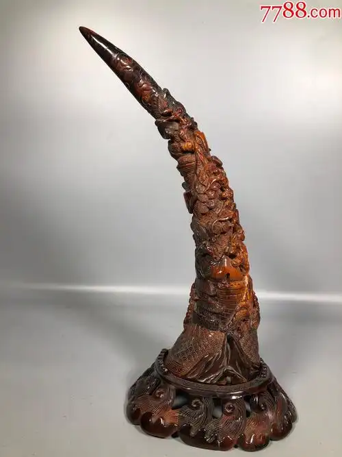 牛角雕刻山水人物故事带牛角底座牛角尖摆件