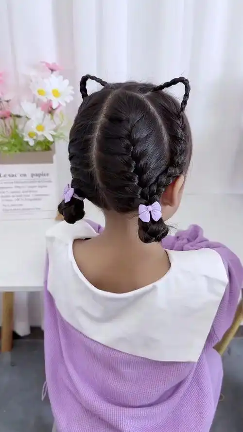 小朋友都喜欢的可爱猫耳朵发型#儿童编发教程#上学发型