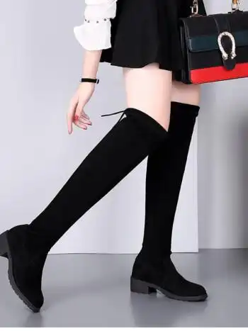 长靴女秋冬新款高筒靴百搭马靴长筒皮靴内增高加厚瘦瘦靴 黑色平底 36