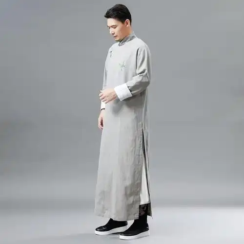 2119秋季新款 绣竹长衫男装中国民族风长款汉服绣花民族服装