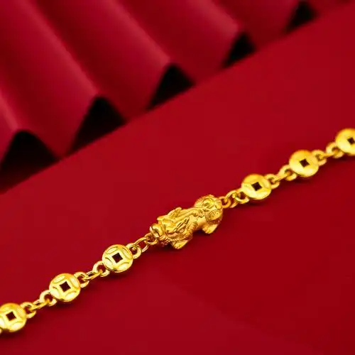 新款黄金手链女千足金手串硬金复古铜钱小貔貅纯金手饰
