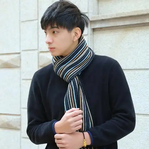 新品男士冬季保暖装饰围巾红品hongpin时尚条纹男式帅气围脖年轻人