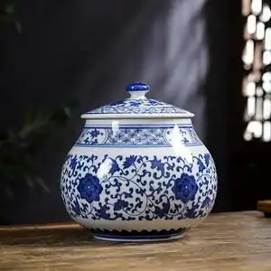 景德镇陶瓷器瓷罐子青花瓷密封储物罐带盖茶叶罐中药罐家用装饰品