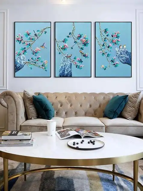 帝旗 北欧现代新中式轻奢风格银杏叶三联装饰画客厅沙发墙挂画晶瓷