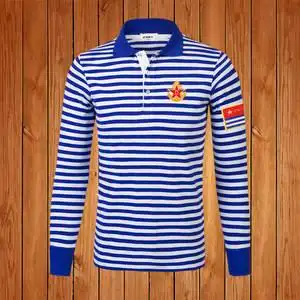 八一国旗翻领海魂衫男长袖t恤纯棉秋季海军衫男士蓝白条纹polo衫有领