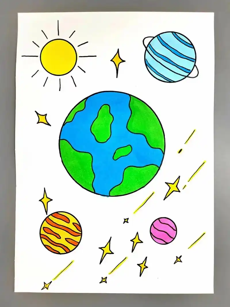 创意儿童画《美丽的星球》,简单好看,宇宙中的星球美丽而又带着 - 抖