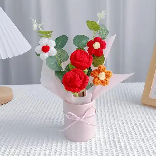 成品手工毛线编织玫瑰花朵摆件成品钩织花束母亲节礼物妈妈女老师