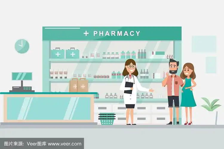 药房与护士在柜台药店卡通