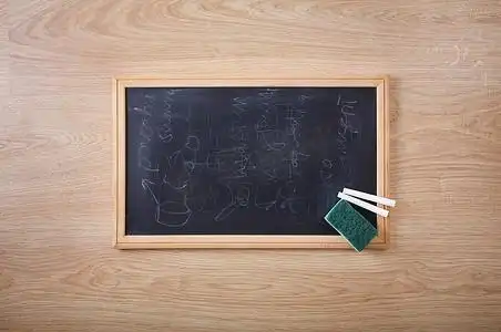 粉笔和粉笔擦在脏黑板上小黑板记事板