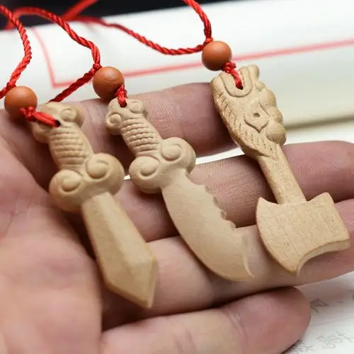 桃木随身木剑斧子吊坠钥匙扣红绳项链挂件平安木雕