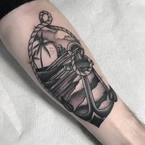 小臂oldschool船锚山水风景纹身图案