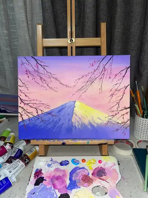樱花下的富士山 有规划过程尺寸:30×40cm#丙烯画  #寻找小红书绘画