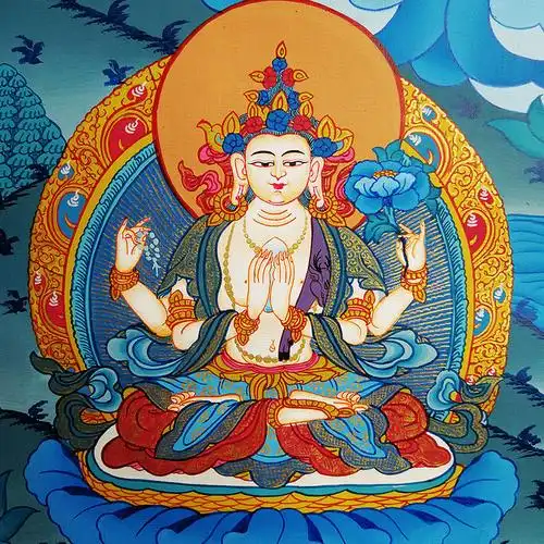 彩绘描金文殊菩萨多尊蓝唐唐卡 尼泊尔画师kunsang lama作品 5079