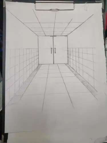 我们在走廊里面也画了自己的第一张透视图,这是我的作业,,没有很好