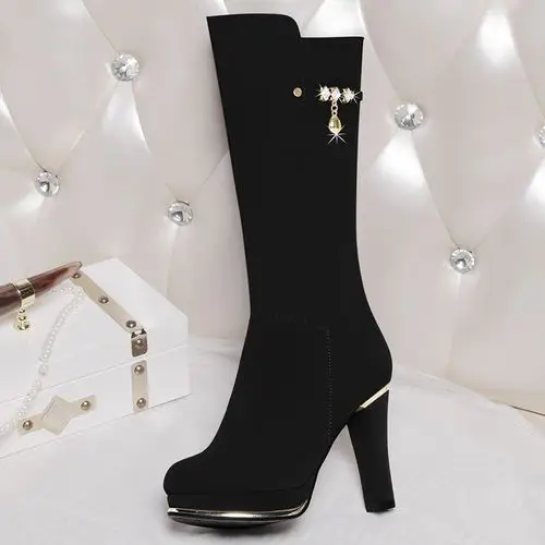 高跟鞋2019冬季新款加绒过膝长靴磨砂皮靴长筒靴子女高筒靴女鞋子