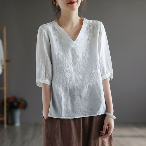 书与茶复古刺绣棉麻五分袖t恤女夏薄款宽松v领显瘦休闲麻料小衫短袖