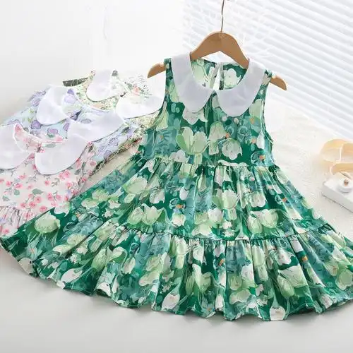 童装批发 2024夏季儿童娃娃领绵绸大裙摆连衣裙 女童中大童碎花裙