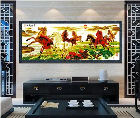好的十字绣成品纯手工马到成功八骏图八匹马客厅会议室挂画出售【价格