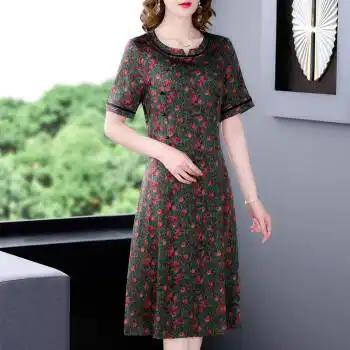 中老年人夏季连衣裙胖妈妈高端大码仿香云纱中年妇女加肥宽松中长裙子