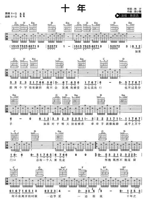十年 版 陈奕迅 吉他谱 和弦谱