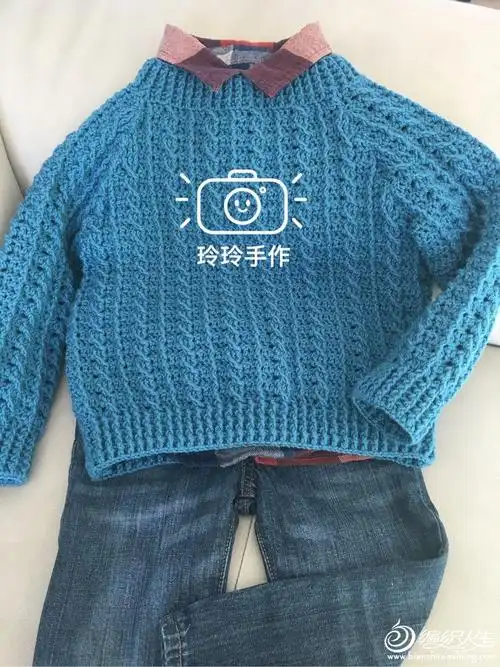 男孩钩针麻花套头毛衣