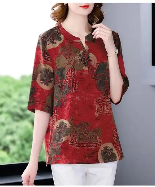 桑蚕丝上衣妈妈装50岁妈妈真丝中袖七分袖衬衫中老年香云纱大码女装