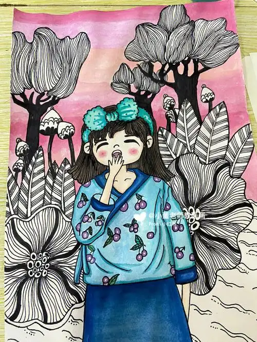 创意美术适合911岁线描人物女孩附步骤图