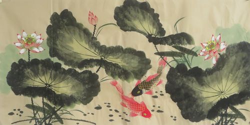 水墨手绘荷花年年有余国画花鸟客厅装饰挂画特价四尺无款画e16-1