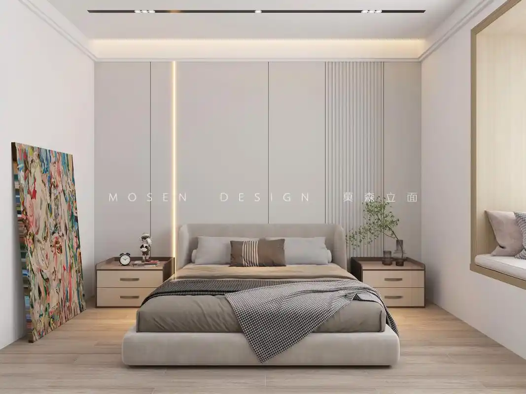 同色系床头背景墙 简约又耐看.肤感木饰面 同色格栅#木饰面  - 抖音