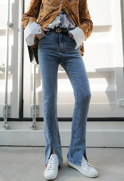 高个加长微喇喇叭牛仔裤女裤复古开叉筒裤显瘦牛仔裤