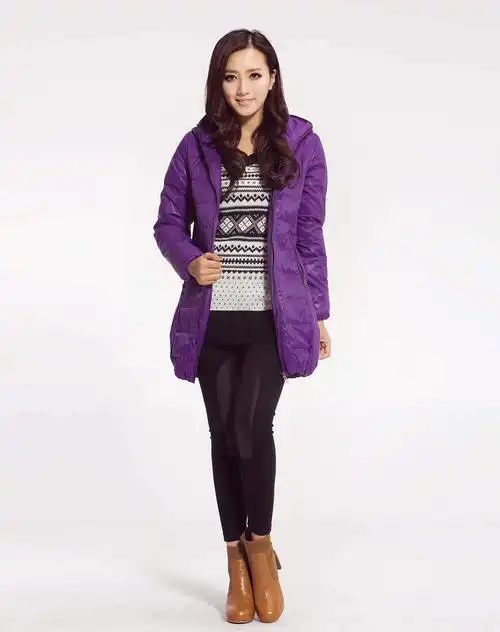 女款紫罗兰色连帽休闲长袖长款羽绒服
