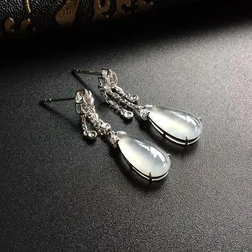 (超值推荐)冰种无色镶白金水滴耳坠 - 翡翠王朝