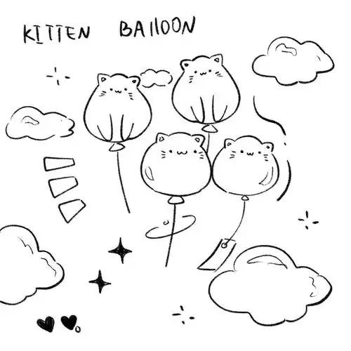 黑白简笔画之猫猫气球丨手绘ins风素材