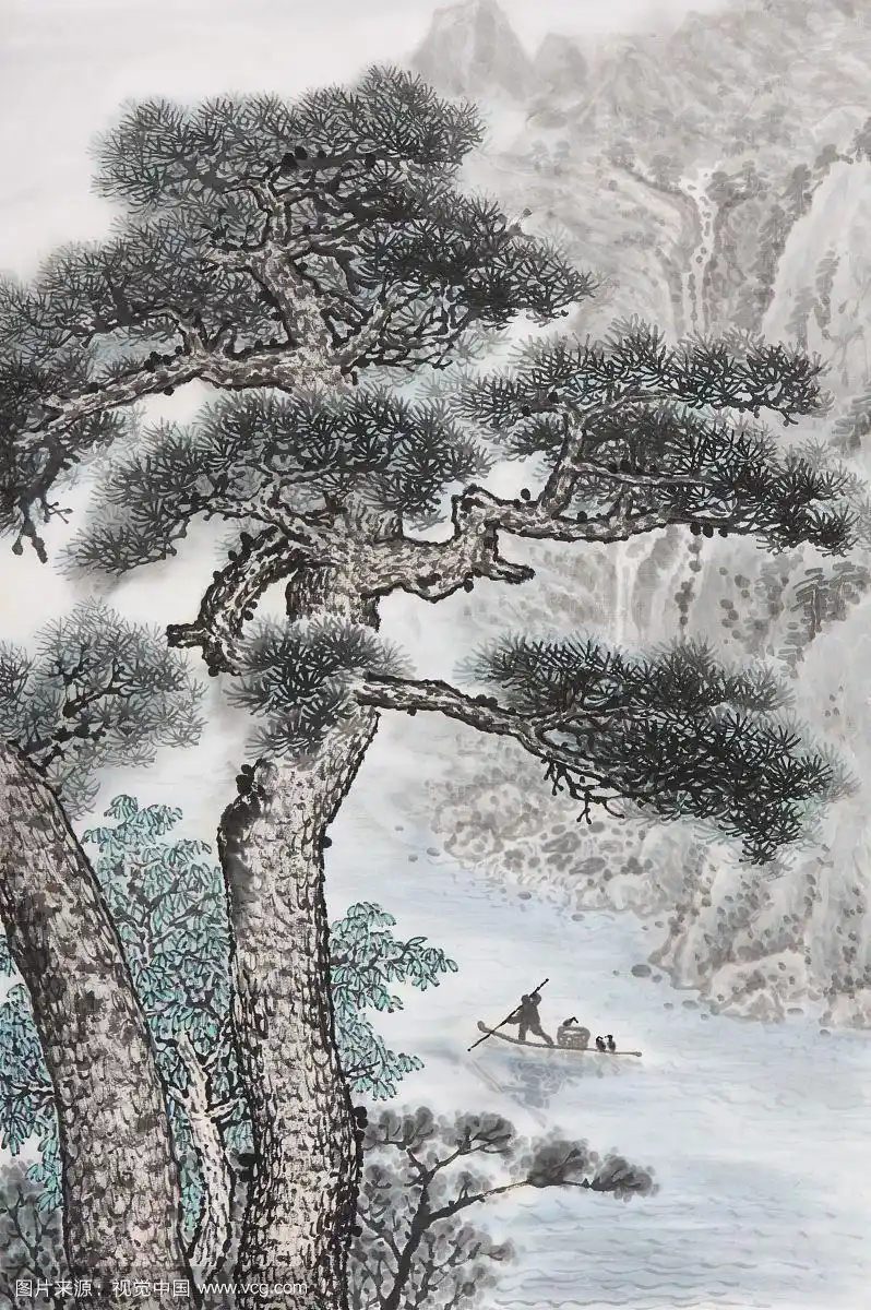 国画,松树,河流
